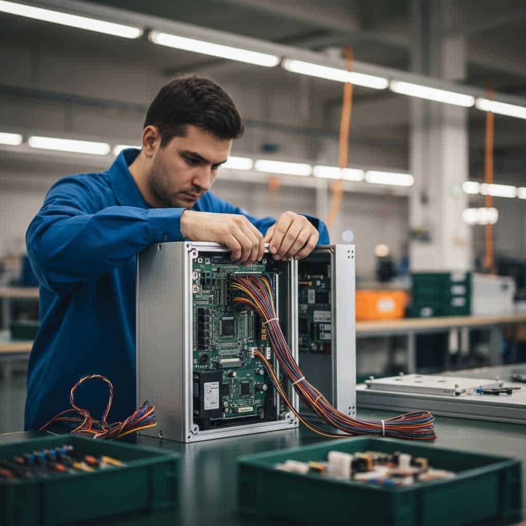 Industrial technician performing full scope box build assembly by integrating PCBA into metal enclosure