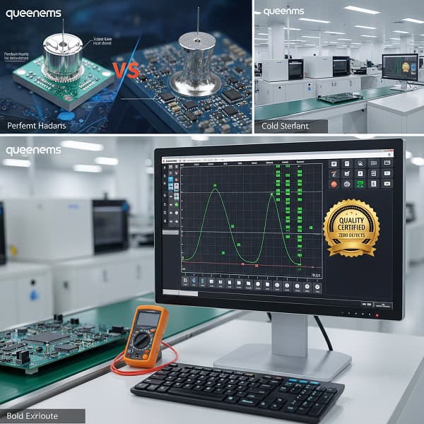A visual comparison (VS) between a shiny smooth solder fillet and a dull grainy cold solder joint on a PCB.