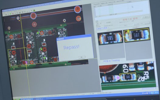 AOI inspection screen showing pass results in pcba manufacturing quality control.