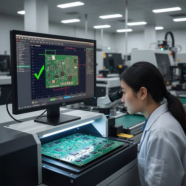 Automated Optical Inspection (AOI) checking PCB solder mask quality and pad registration in a factory