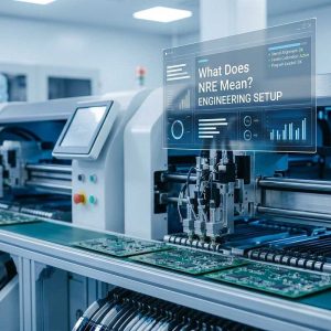 Automated SMT production line with digital overlay explaining the setup phase of what does NRE mean