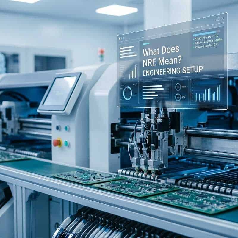 Automated SMT production line with digital overlay explaining the setup phase of what does NRE mean