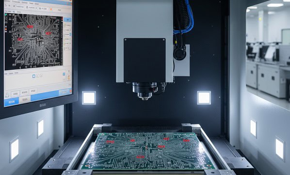 Automatic Optical Inspection (AOI) machine detecting defects on a complex HDI PCB panel in a cleanroom.