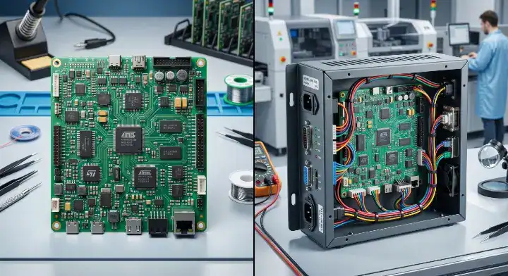 Box build manufacturer comparing bare PCBA with a fully integrated electronic box assembly cleanup