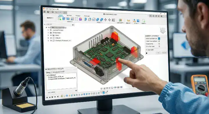 Box build manufacturer engineer performing 3D mechanical DFM interference check on CAD software cleanup