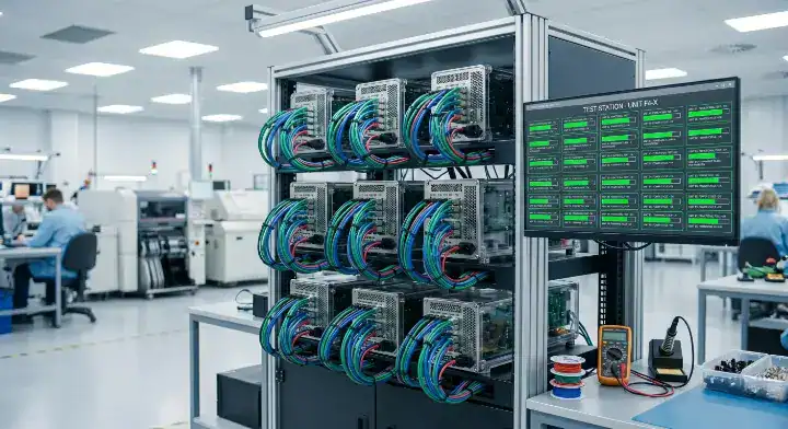 Box build manufacturer performing firmware flashing and system level functional testing on assembled unit cleanup