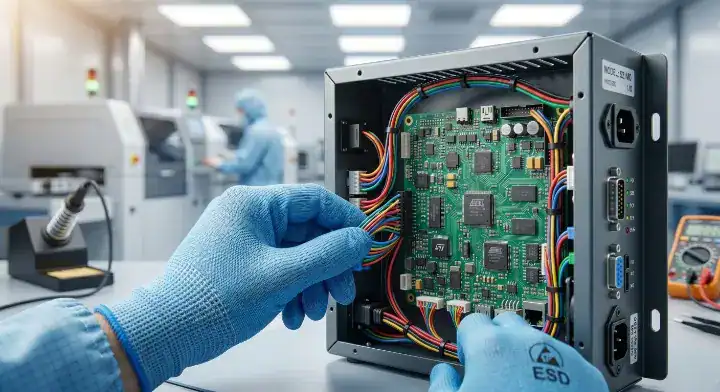Box build manufacturer technician accurately routing complex wire harness inside a metal enclosure cleanup