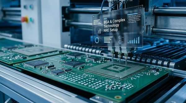 Close up of BGA component placement on a PCB to illustrate what does NRE mean for complex assembly