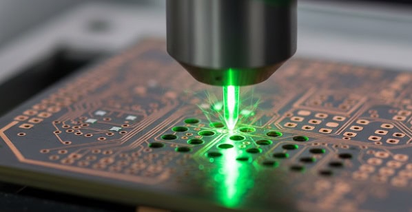 Close up of high precision laser drilling process for microvia formation in HDI PCB manufacturing.