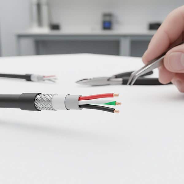 Close-up of stripped USB 2.0 cable showing red white green and black internal wires