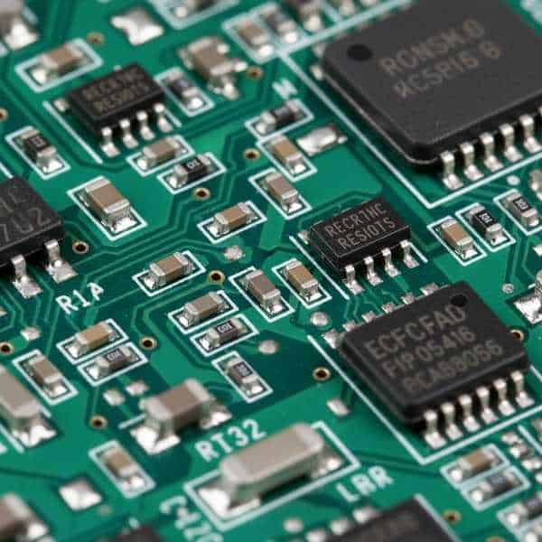 Close-up of various SMD components like resistors and capacitors on a circuit board
