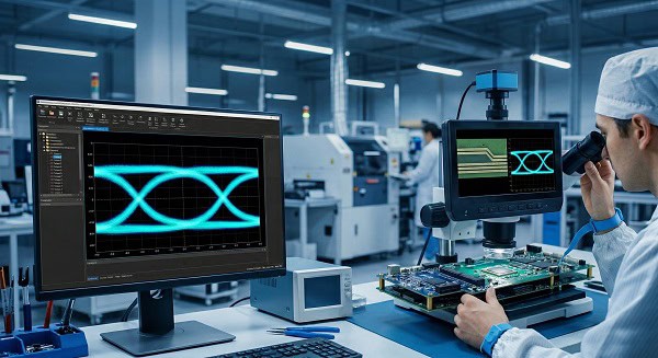 Comparison between eye diagram simulation software data and actual PCB assembly inspection in a manufacturing facility
