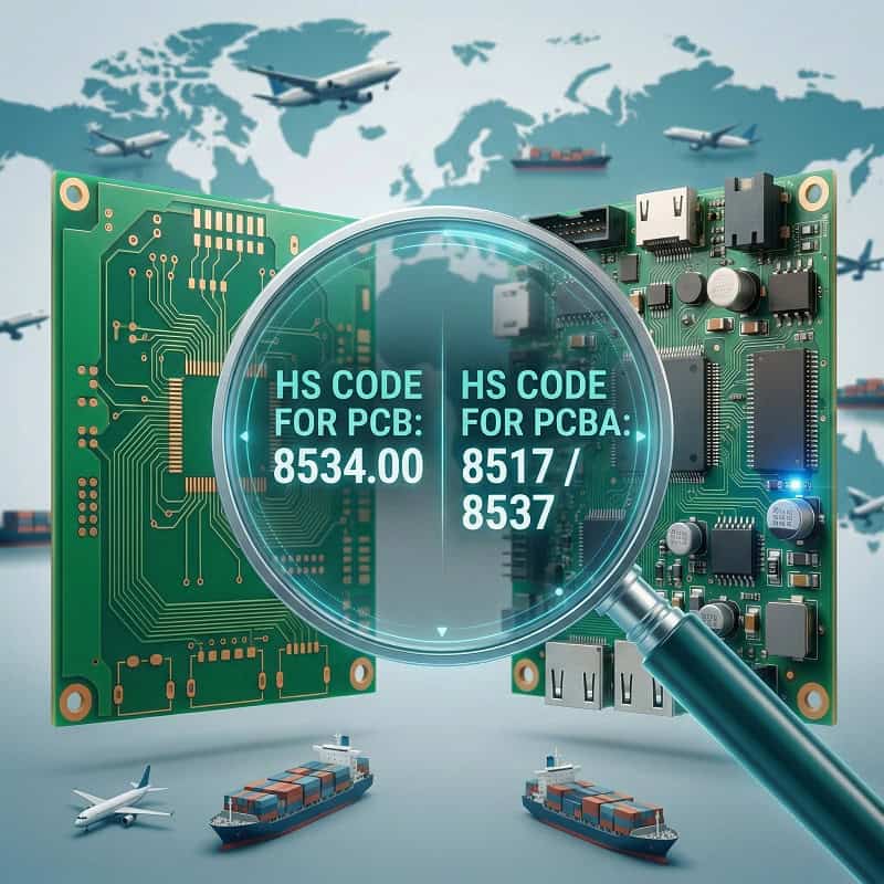Comparison of HS codes for PCB and PCBA Code 8534.00 for bare boards vs 8517 or 8537 for assemblies