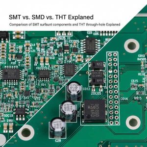 Comparison-of-SMT-surface-mount-components-and-THT-through-hole-components-on-a-green-PCB