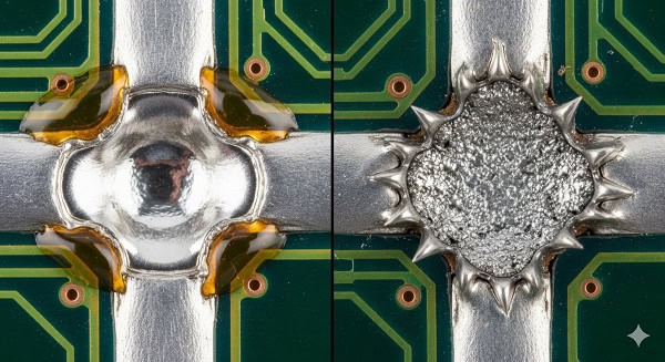 Comparison of solder wetting with and without flux on PCB pads
