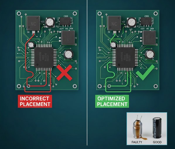 Diagram comparing incorrect and optimized capacitor placement on circuit board to reduce EMI and noise.