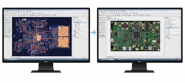 Electrical engineer designing PCB layout on dual monitors in office