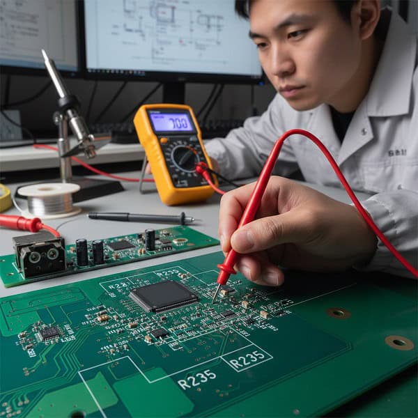 Electronics-engineer-using-a-multimeter-to-test-a-circuit-board-based-on-silkscreen-codes
