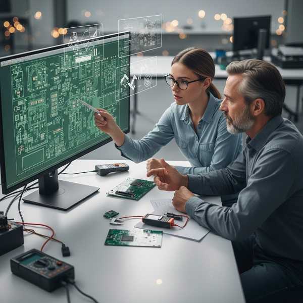 Engineer reviewing PCB design files for DFM check before production