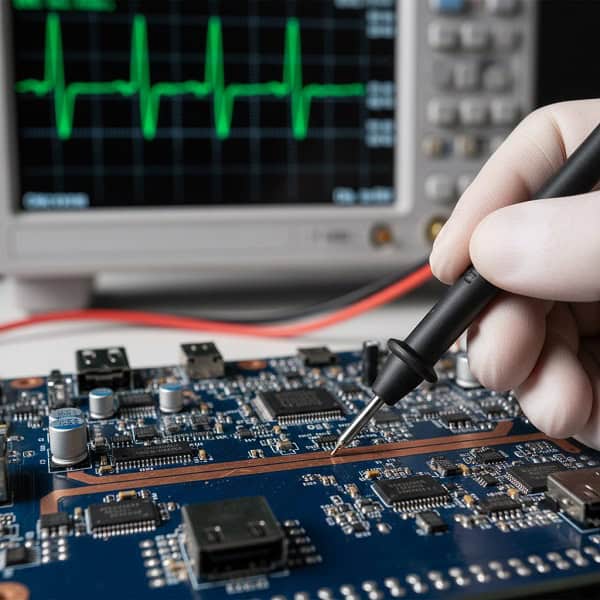 Engineer using a probe to test USB Power Delivery voltage on a PCB board