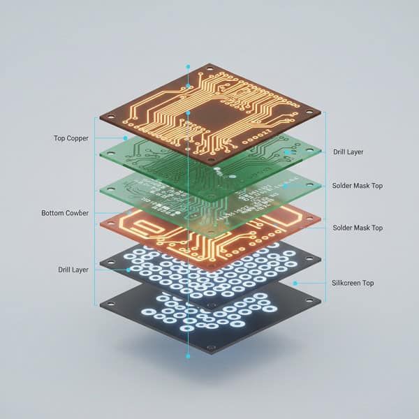 Exploded 3D view showing multi layer stack up defined by what is a Gerber file structure