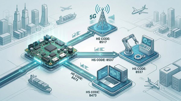 Functional classification flowchart for HS codes for PCB and PCBA across telecom, industrial, and IT sectors