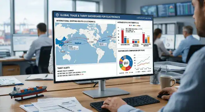 HS code for PCB and PCBA Computer monitor displaying a global trade dashboard with international tariff charts and customs data cleanup