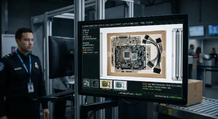 HS code for PCB and PCBA Customs X ray scanner inspecting a sealed box of assembled circuit boards at the border cleanup