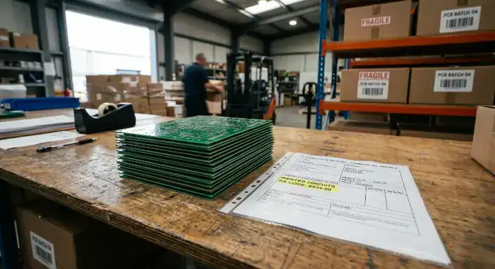 HS code for PCB and PCBA Stack of bare circuit boards next to a customs declaration document showing 8534.00 cleanup