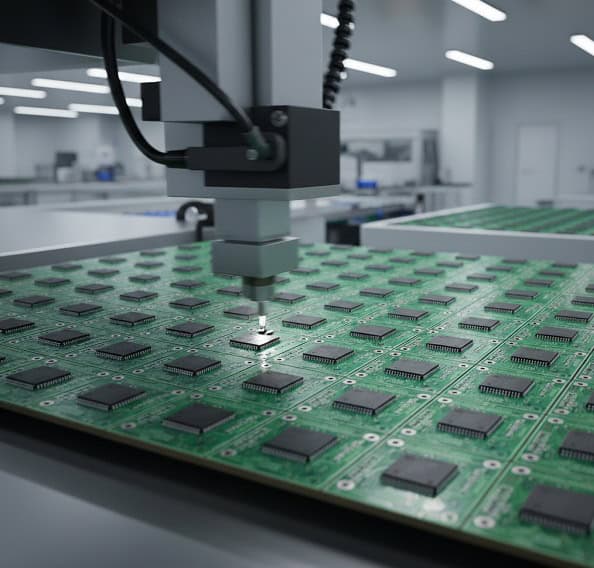 High-speed SMT pick-and-place machine mounting capacitors on a high-density PCB for consumer electronics