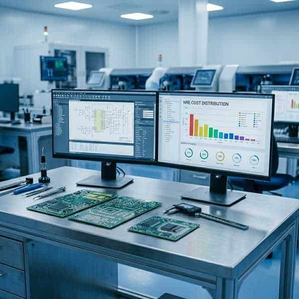 Industrial engineering workstation showing cost distribution charts for what does NRE mean in PCBA