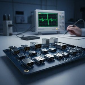 Laboratory setup for troubleshooting USB pinout issues with oscilloscope