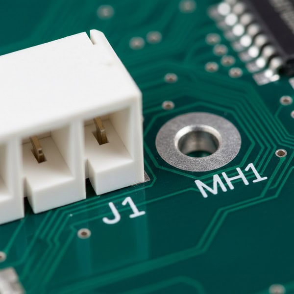 Macro-shot-of-a-PCB-showing-a-J1-connector-and-an-MH1-mounting-hole-silkscreen