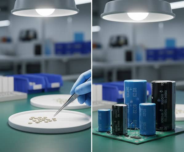 Macro shot of ceramic and electrolytic capacitor types on a factory workbench for industrial automation.