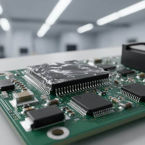 Macro shot of protective conformal coating on a finished PCBA