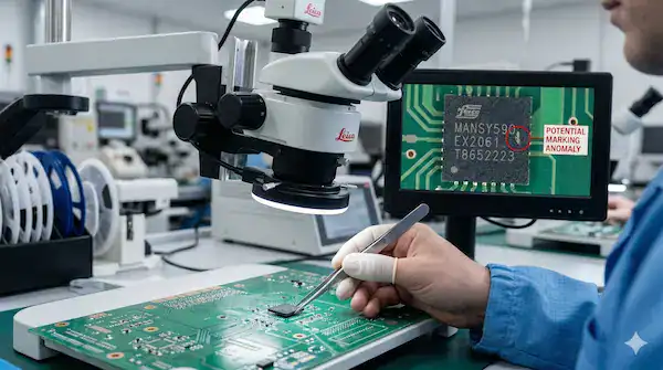Microscopic component inspection highlighting the hidden counterfeit risks in turnkey vs consigned pcb assembly