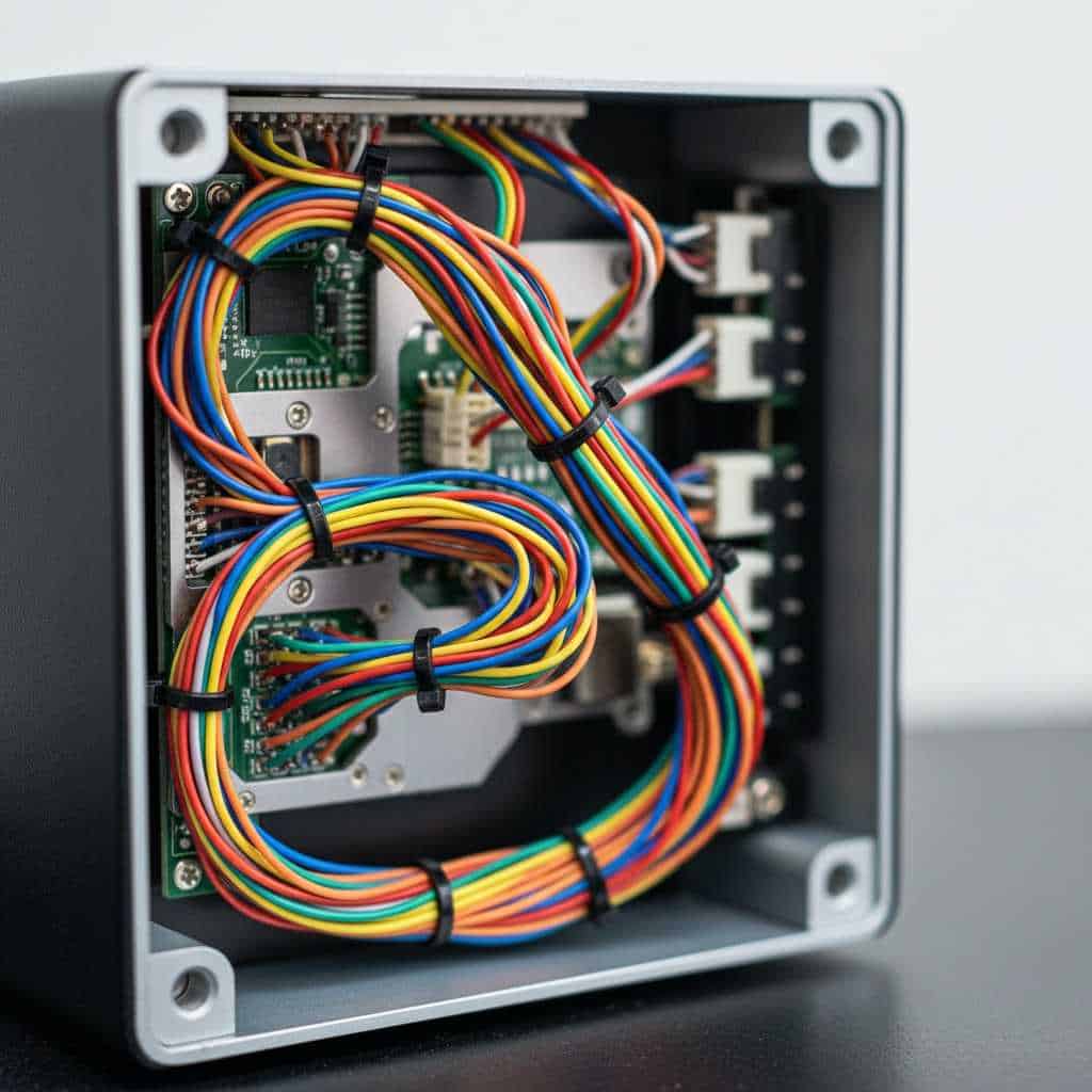 Optimized wire harness routing within a compact electronic enclosure for space efficiency