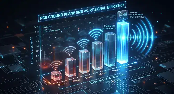 PCB antenna design 3D chart showing how undersized ground planes under 80mm reduce RF signal efficiency cleanup