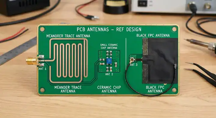 PCB antenna design comparing trace, ceramic chip, and flex FPC antenna types on a circuit board cleanup