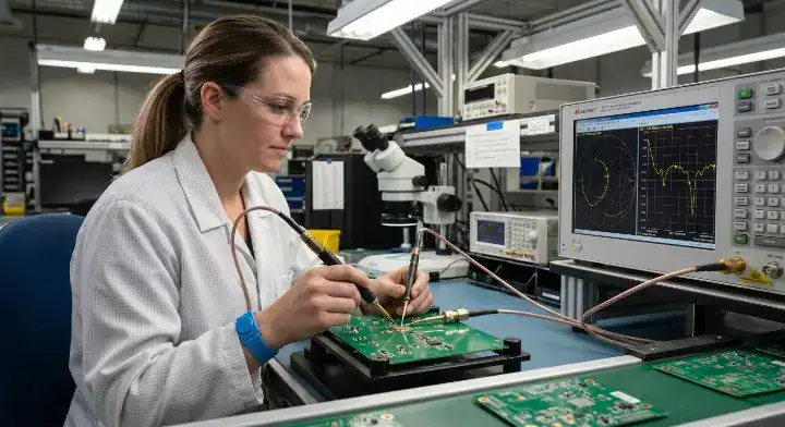 PCB antenna design factory engineer using a Vector Network Analyzer (VNA) to validate S11 return loss cleanup