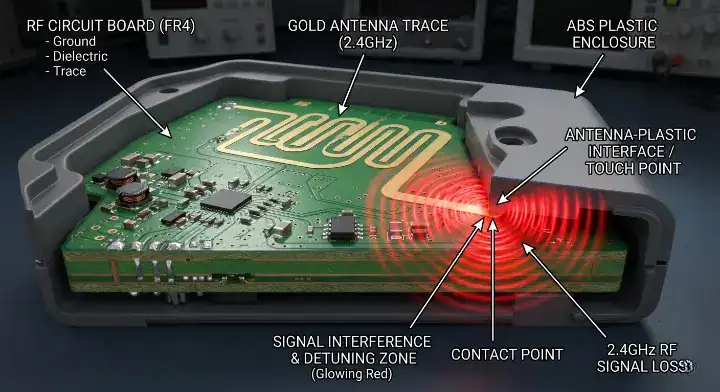 PCB antenna design illustrating RF signal detuning and interference caused by ABS plastic enclosures cleanup