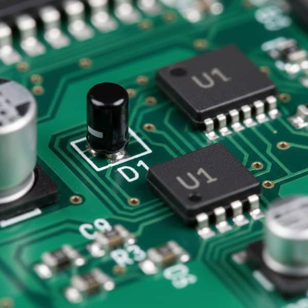 PCB-polarity-markings-close-up-Diode-D1-cathode-line-and-IC-U1-pin-1-orientation-dot