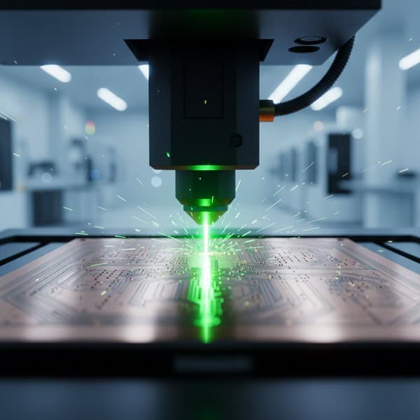 Precision laser drilling machine creating microvias on an HDI circuit board substrate