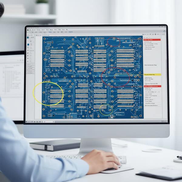 Professional engineering review and DFM check of a complex HDI PCB layout on a workstation