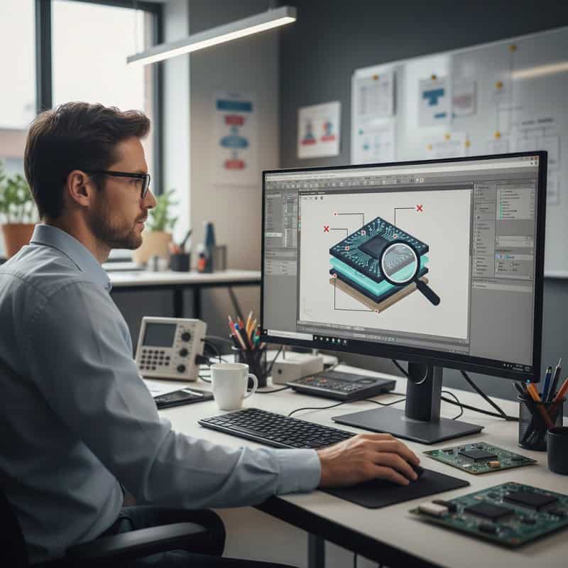 Professional hardware engineer performing DFM (Design for Manufacturability) review for high density HDI PCB layout.