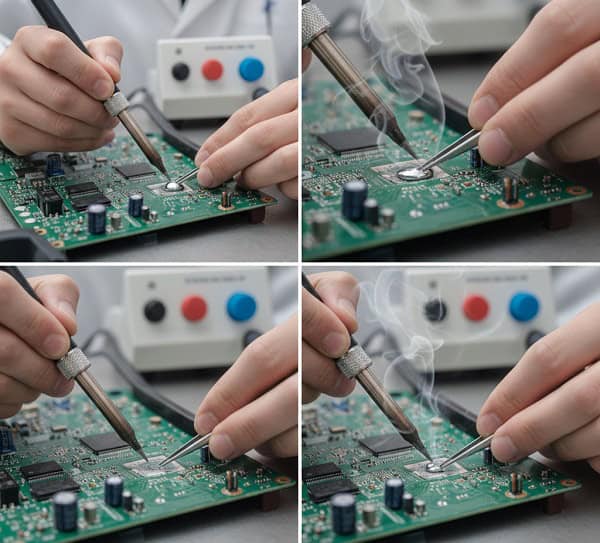 Professional technician using a soldering iron to replace a faulty capacitor on a multi-layer PCB.