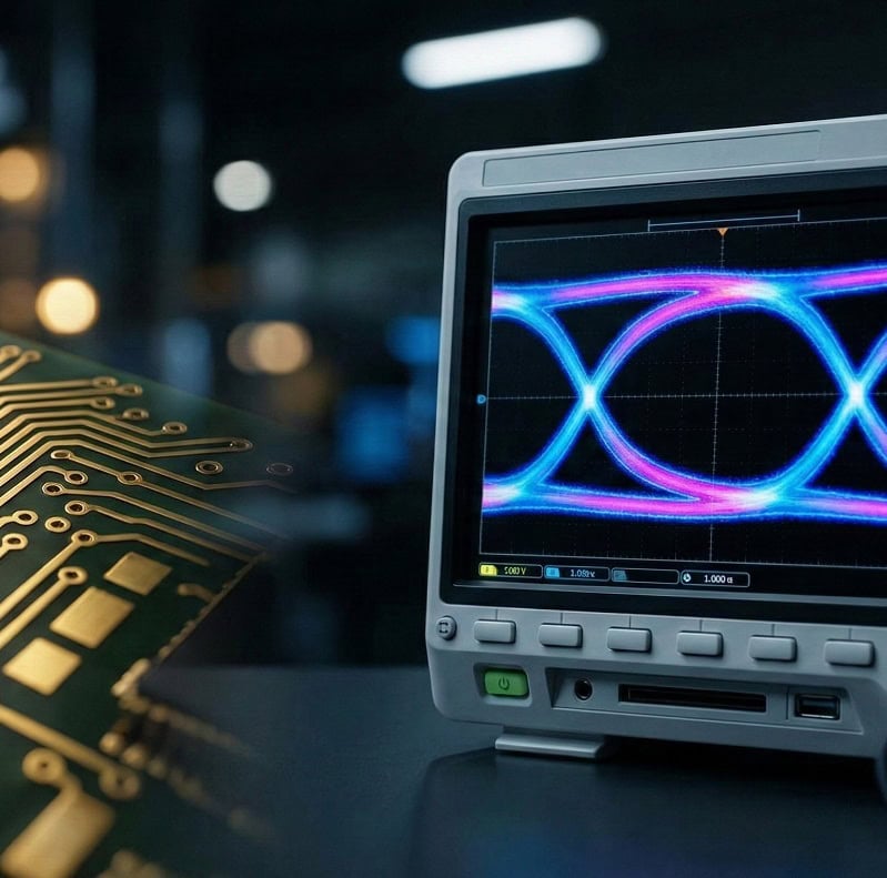 Real time eye diagram waveform displayed on a professional digital oscilloscope for high speed PCB signal analysis