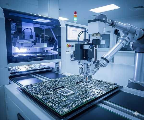 SMT assembly line showing PCB assembly process for BGA pads soldering and manufacturing