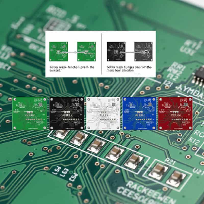 Showcase of various PCB solder mask colors including green, black, white, and red for electronics assembly