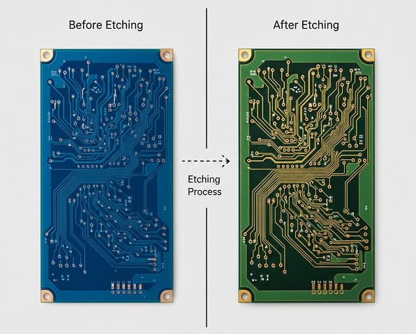 Side by side comparison of a circuit board before and after the pcb etching step, showing copper removal